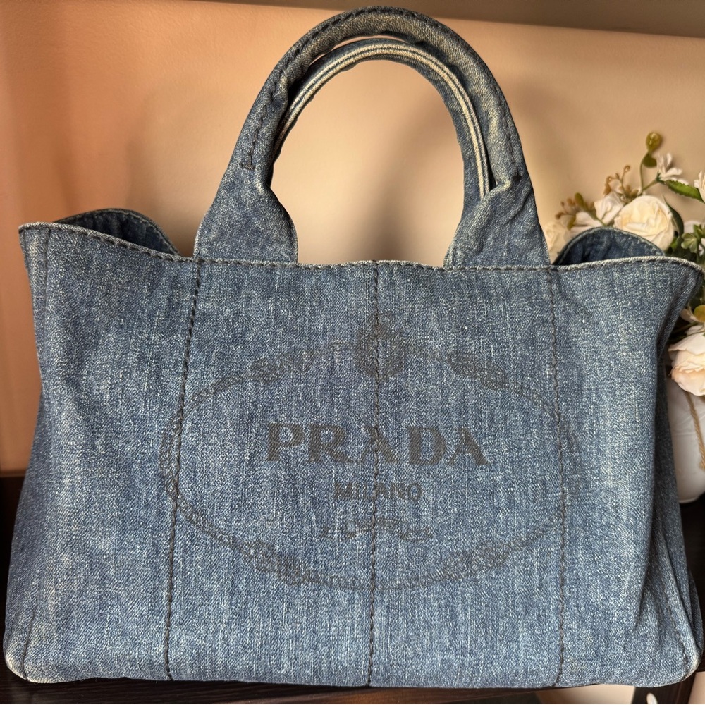 PRADA Medium Canapa Blue Denim Tote Bag